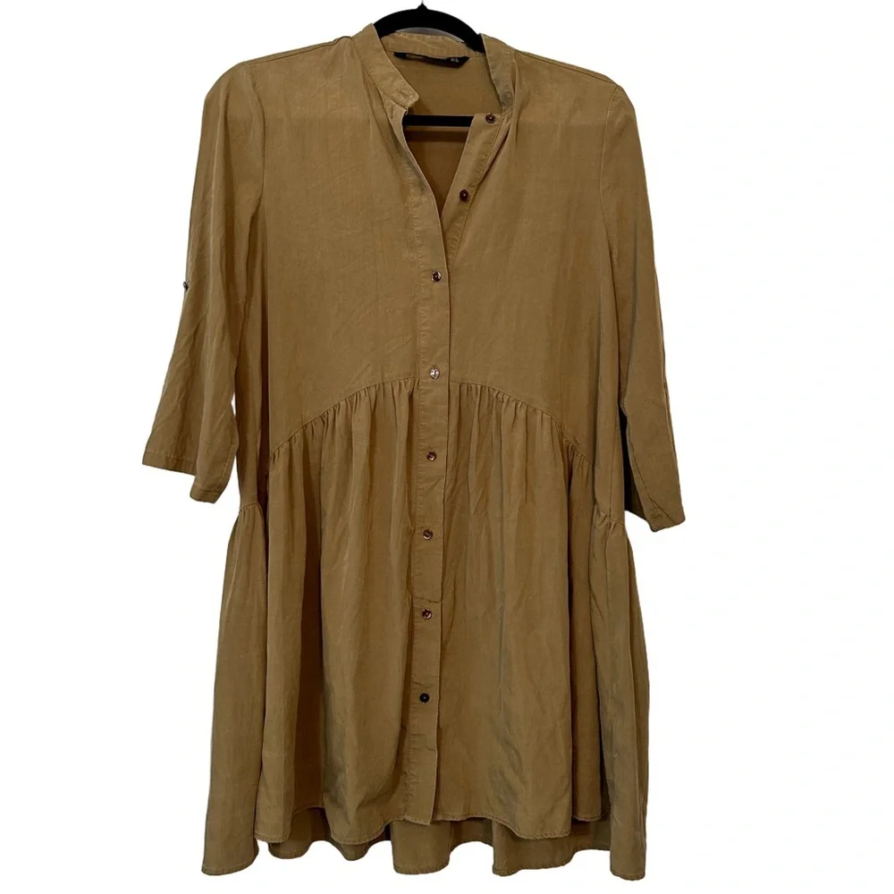 Zara Womens Shirt Dress Peplum Olive Green Roll Tab Sleeve Size S
